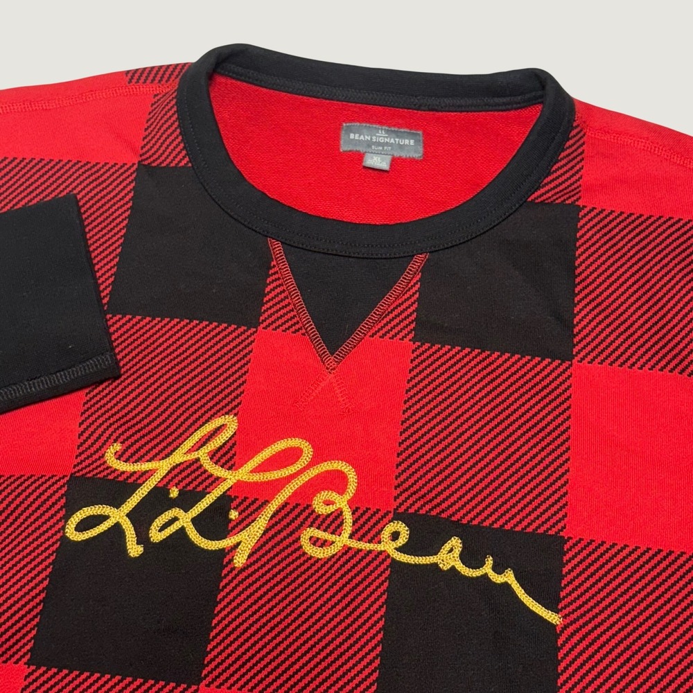 LL Bean Signature Sweatshirt Mens XL Red Black Buffalo Plaid Slim Fit Logo